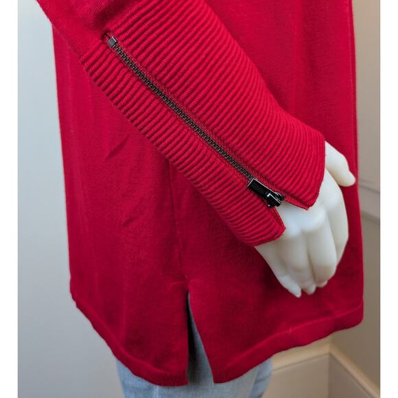 Chico’s Tunic Sweater Large Red Ribbed Yoke Zip Sleeve Split Hem Holiday Chic - Picture 8 of 11